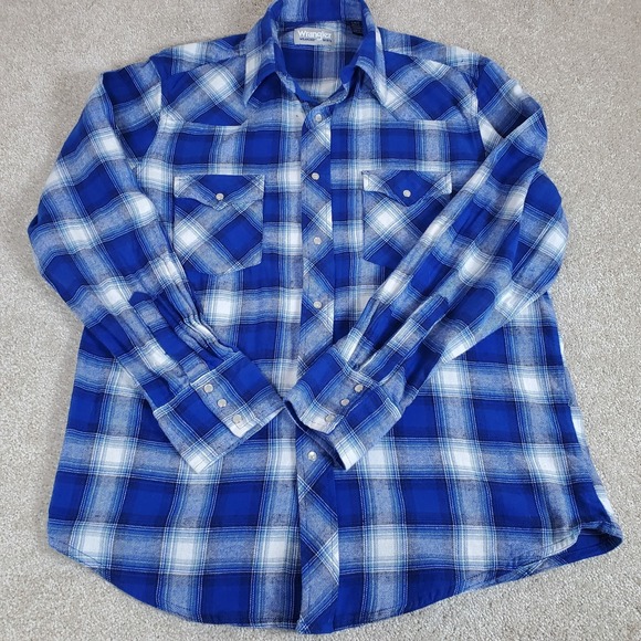 Wrangler Wrancher Men's Flannel Shirt Blue Plaid Long Sleeve Size L Pearl Snaps - Picture 3 of 16